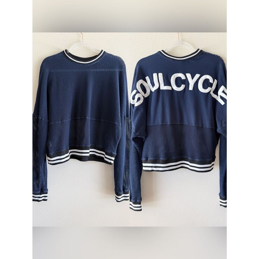 SoulCycle x Spirit Jersey Navy Blue Mesh Crop Top Varsity Puff Print Medium